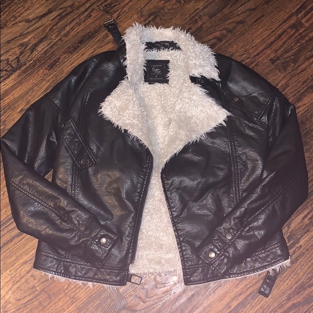 Cotton on leather jacket with sherpa interior